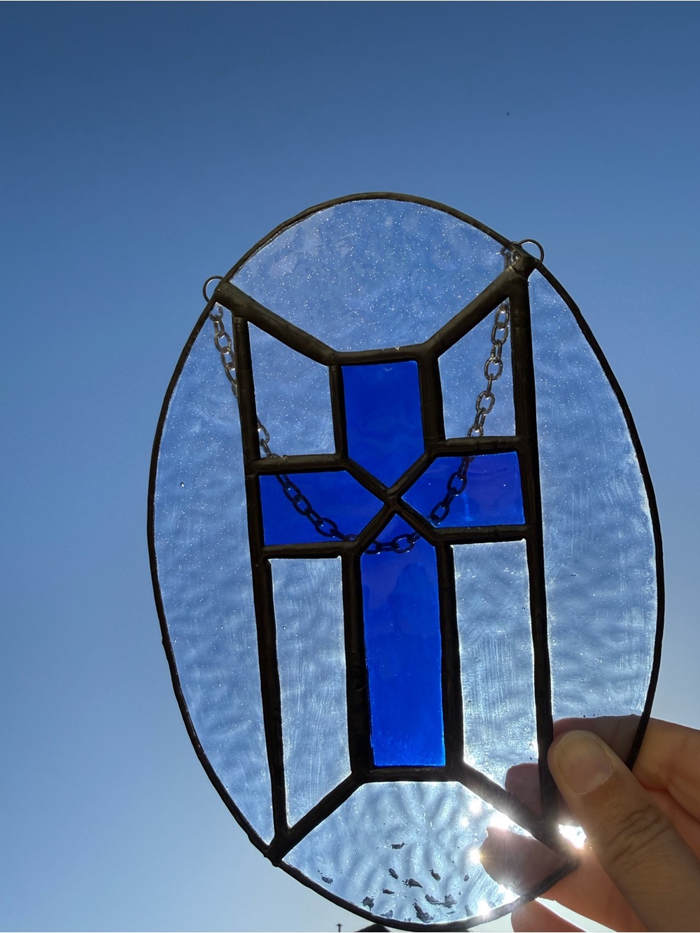 Stained Glass Cross Wall Hanging Sun Catcher Light Blue Oval ~6x9”